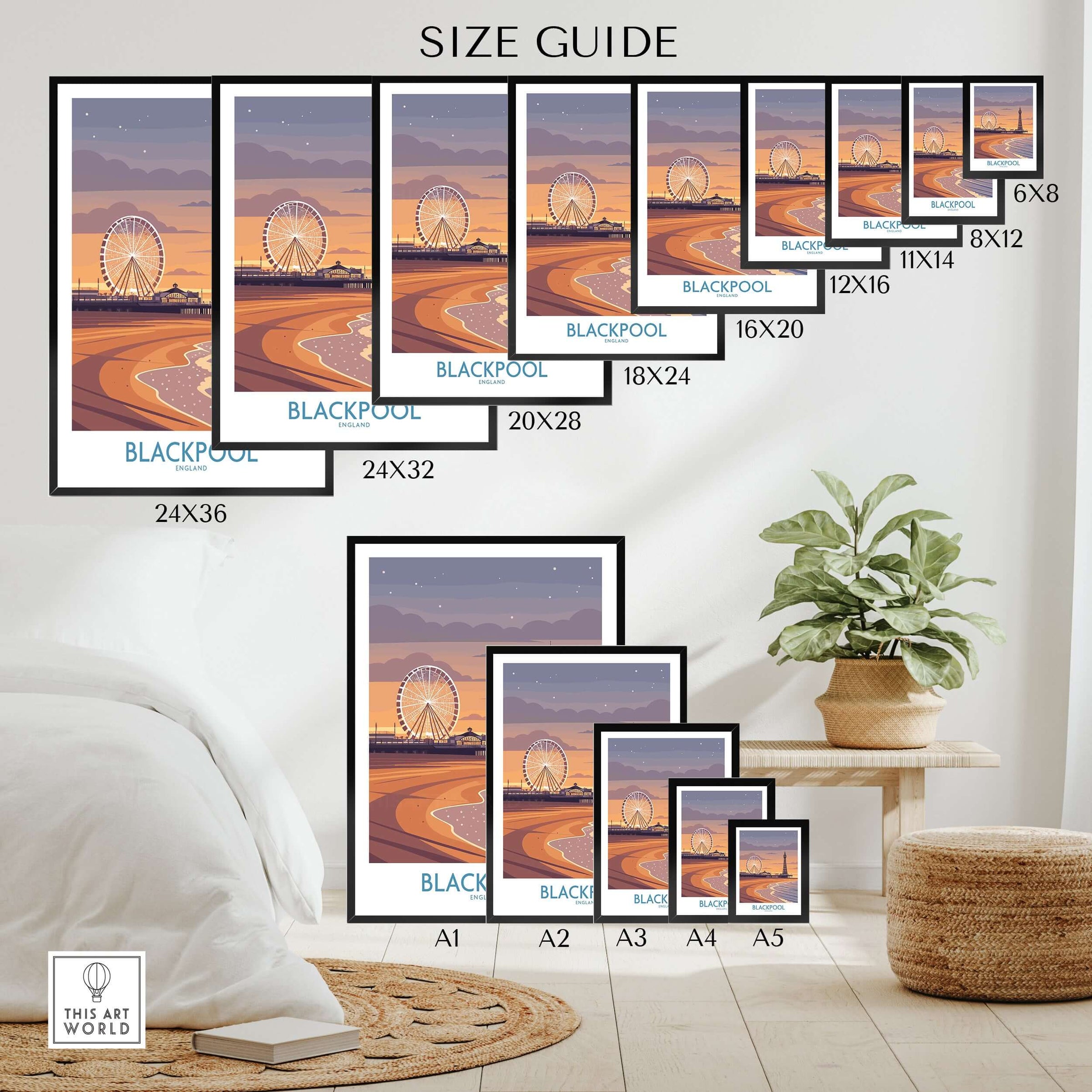 Blackpool England Tower and Wheel Art Print | Sunset Beach Resort Poster size guide with options and dimensions.