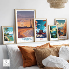 Blackpool England Tower and Wheel Art Print | Sunset Beach Resort Poster displayed among other travel art prints.