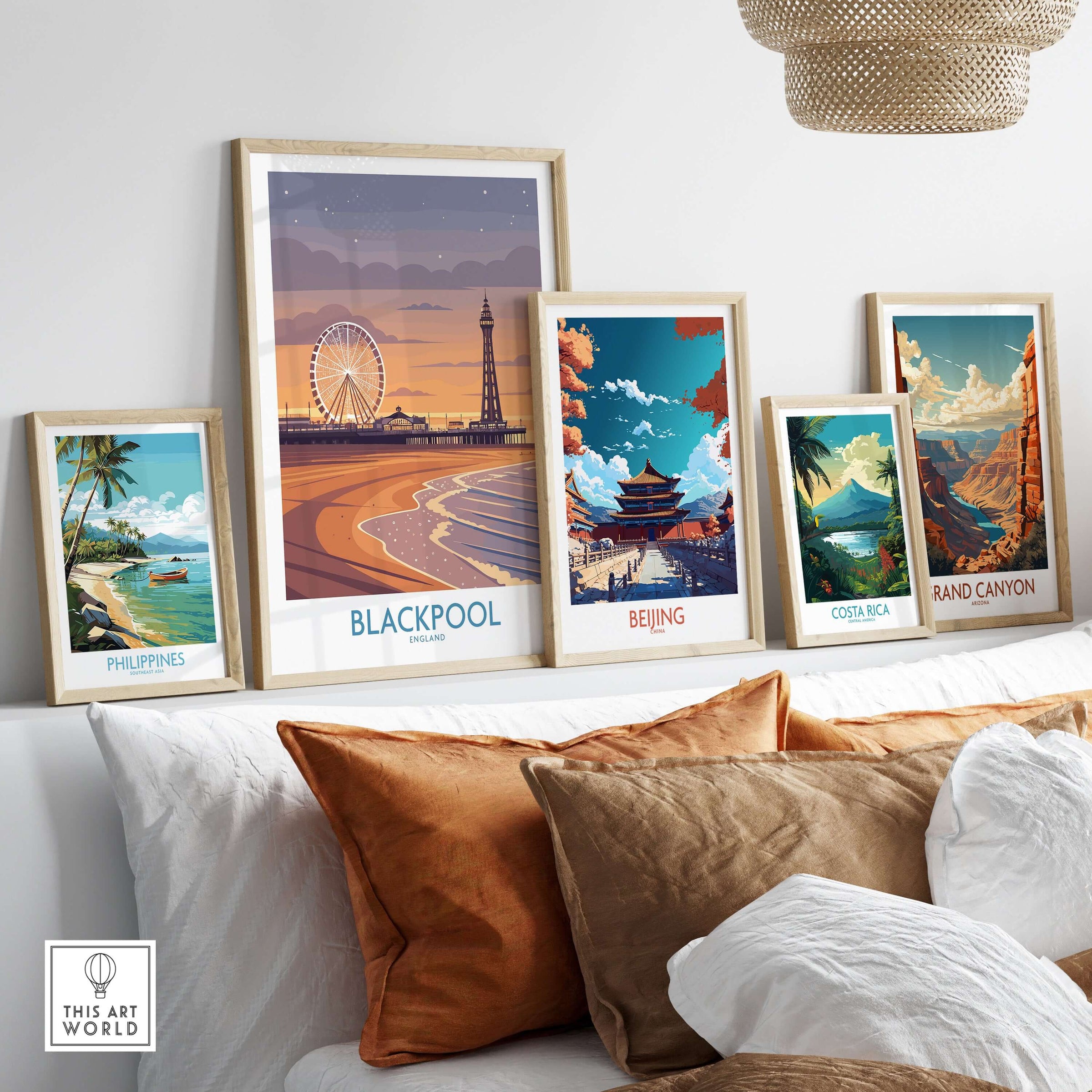 Blackpool England Tower and Wheel Art Print | Sunset Beach Resort Poster displayed among other travel art prints.