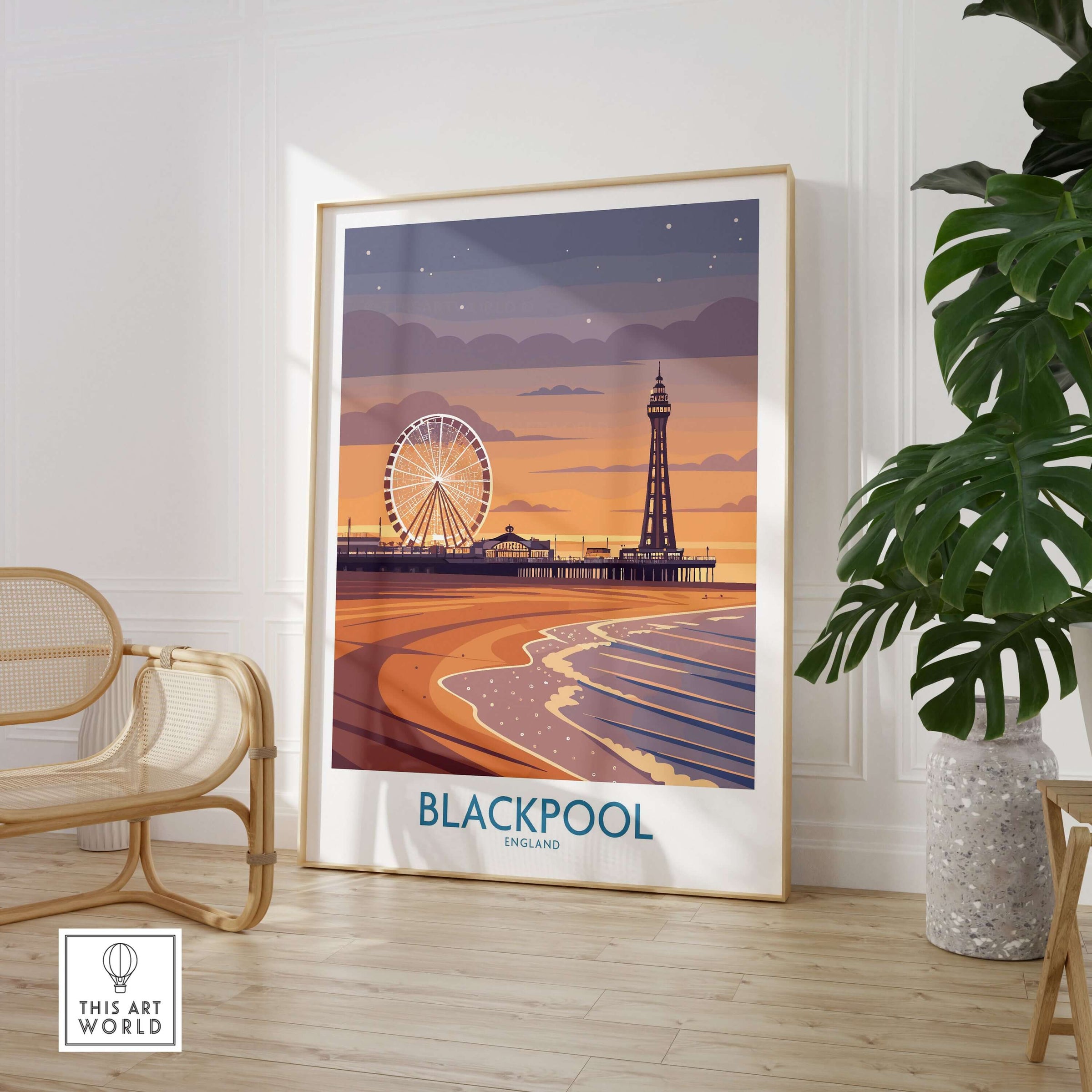 Blackpool England Tower and Wheel Art Print | Sunset Beach Resort Poster displayed in a stylish room with greenery.