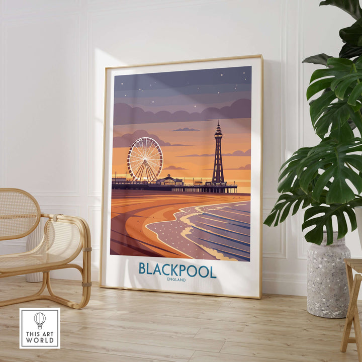 Blackpool England Tower and Wheel Art Print | Sunset Beach Resort Poster in a stylish room with plants and modern decor.