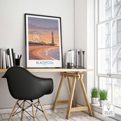 Blackpool England Tower and Wheel Art Print | Sunset Beach Resort Poster displayed in a cozy room with modern decor.