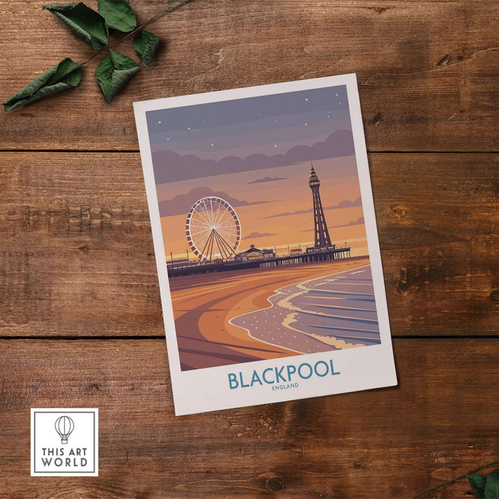 Blackpool England Tower and Wheel Art Print | Sunset Beach Resort Poster on wooden background