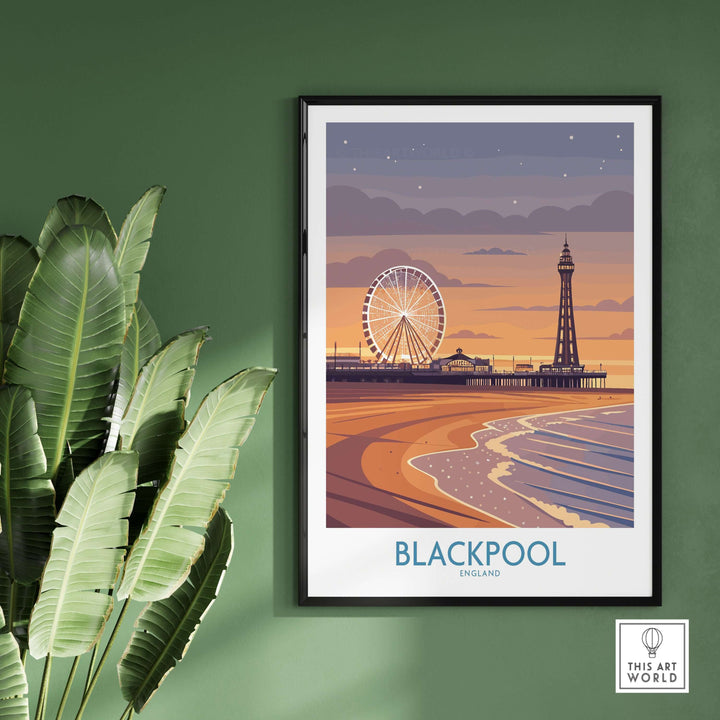 Blackpool England Tower and Wheel Art Print | Sunset Beach Resort Poster showcasing sunset view of Blackpool's beach.