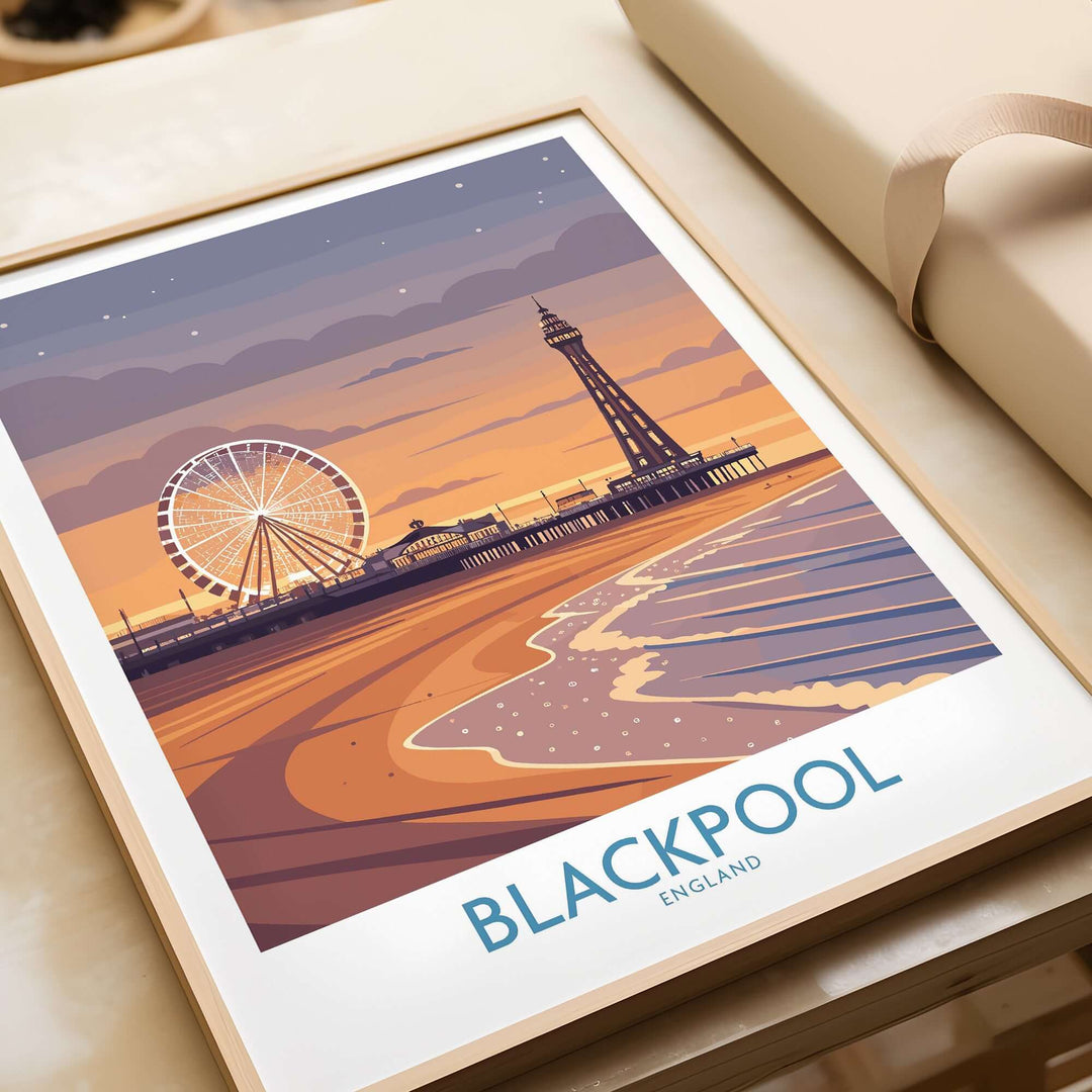 Blackpool England Tower and Wheel Art Print | Sunset Beach Resort Poster featuring a sunset view of Blackpool's iconic attractions.