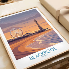 Blackpool England Tower and Wheel Art Print | Sunset Beach Resort Poster featuring a sunset view of the iconic tower and wheel.
