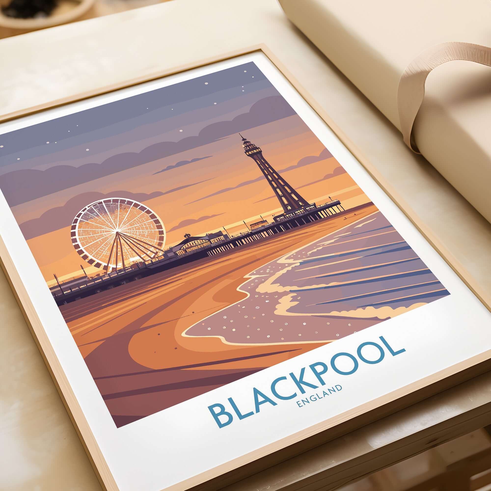 Blackpool England Tower and Wheel Art Print | Sunset Beach Resort Poster featuring a sunset view of the iconic tower and wheel.