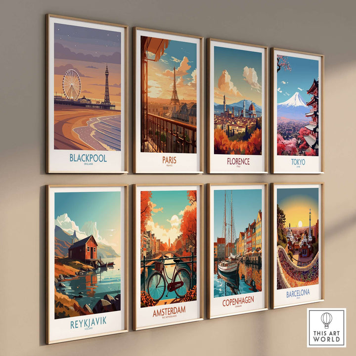 Blackpool England Tower and Wheel Art Print | Sunset Beach Resort Poster displayed among other city art prints.