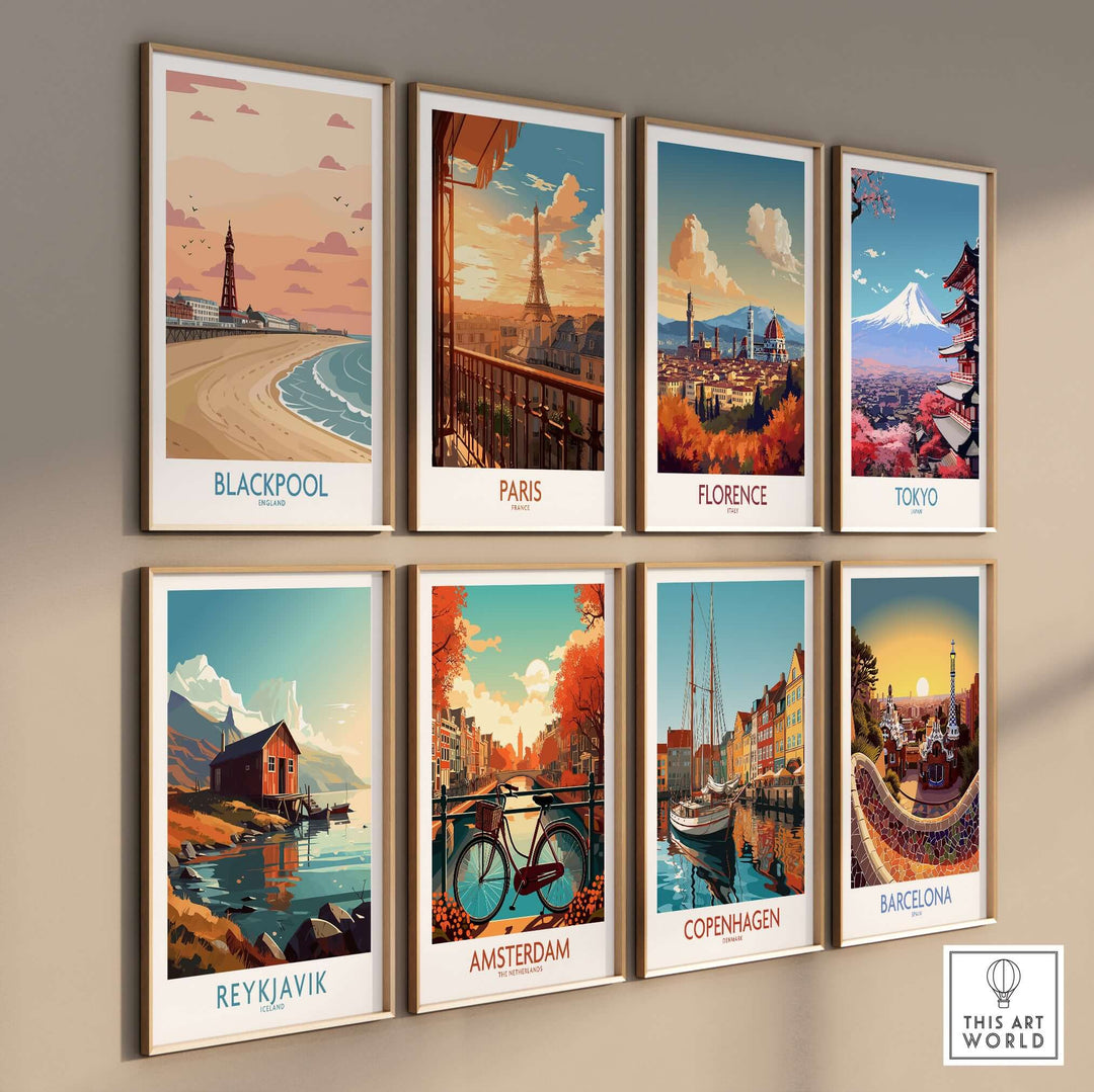 Blackpool Sunset Tower Beach Art Print | Pink Sky UK Coastal Poster collage featuring iconic cityscapes