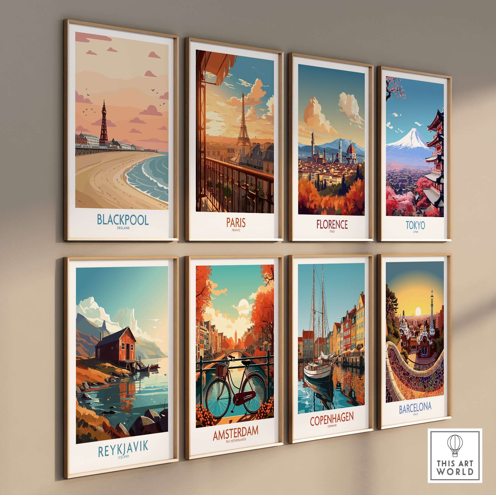 Blackpool Sunset Tower Beach Art Print | Pink Sky UK Coastal Poster displayed among other city art prints.