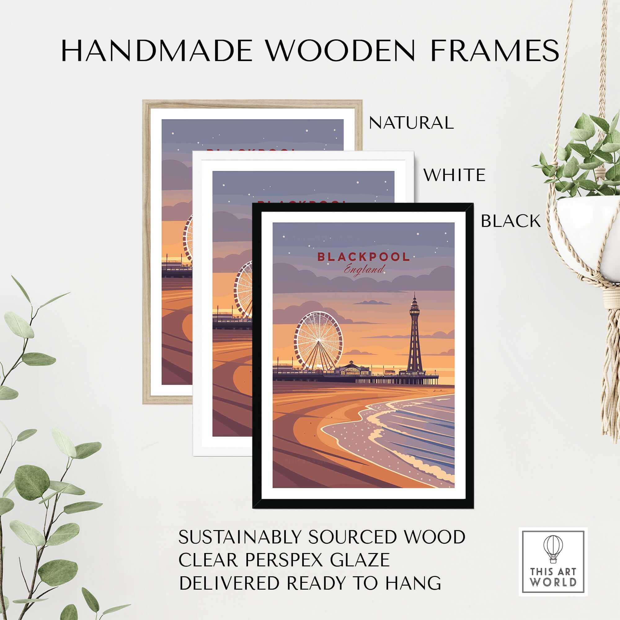 Blackpool Print | UK Coastal Wall Decor framed in handmade wooden frames, showcasing natural, white, and black options.