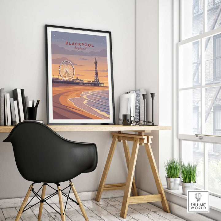 Blackpool Print | UK Coastal Wall Decor featuring a vibrant seaside scene with a ferris wheel and pier.