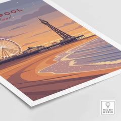 Blackpool Print | UK Coastal Wall Decor featuring vibrant seaside scenery and iconic landmarks at sunset.