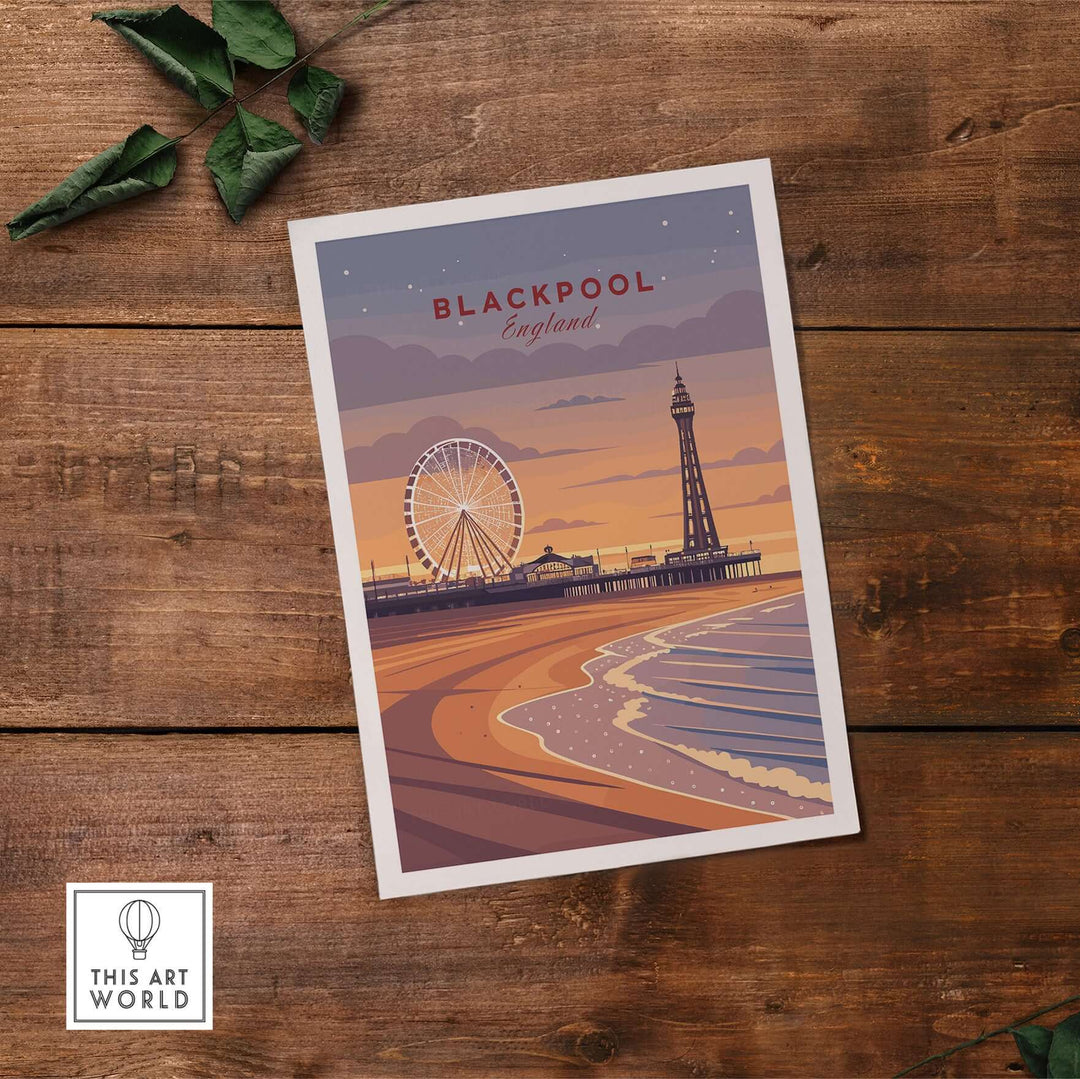 Blackpool Print | UK Coastal Wall Decor featuring Blackpool beach and iconic landmarks at sunset.