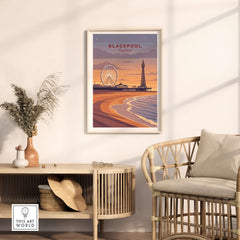Blackpool Print | UK Coastal Wall Decor framed in a stylish interior, showcasing Blackpool's iconic beach and attractions.