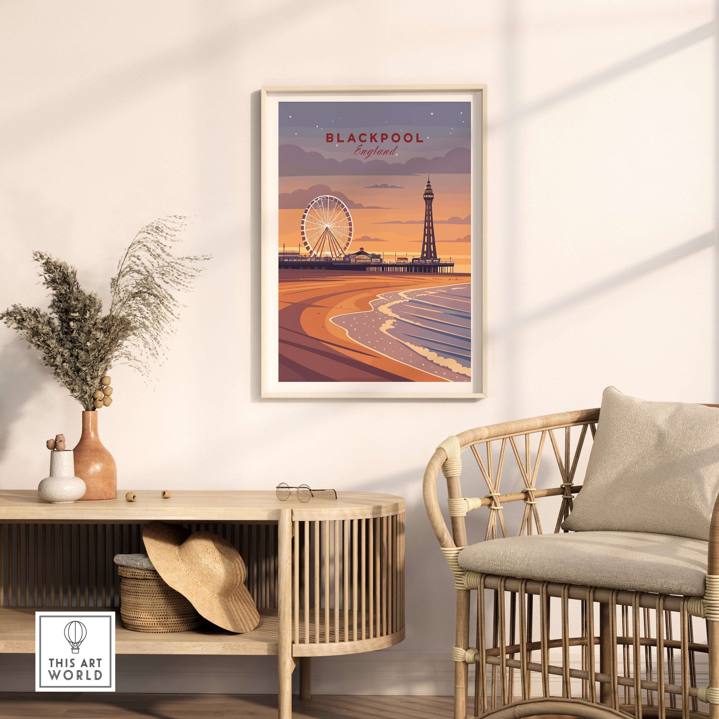 Blackpool Print | UK Coastal Wall Decor framed in a stylish interior, showcasing Blackpool's iconic beach and attractions.