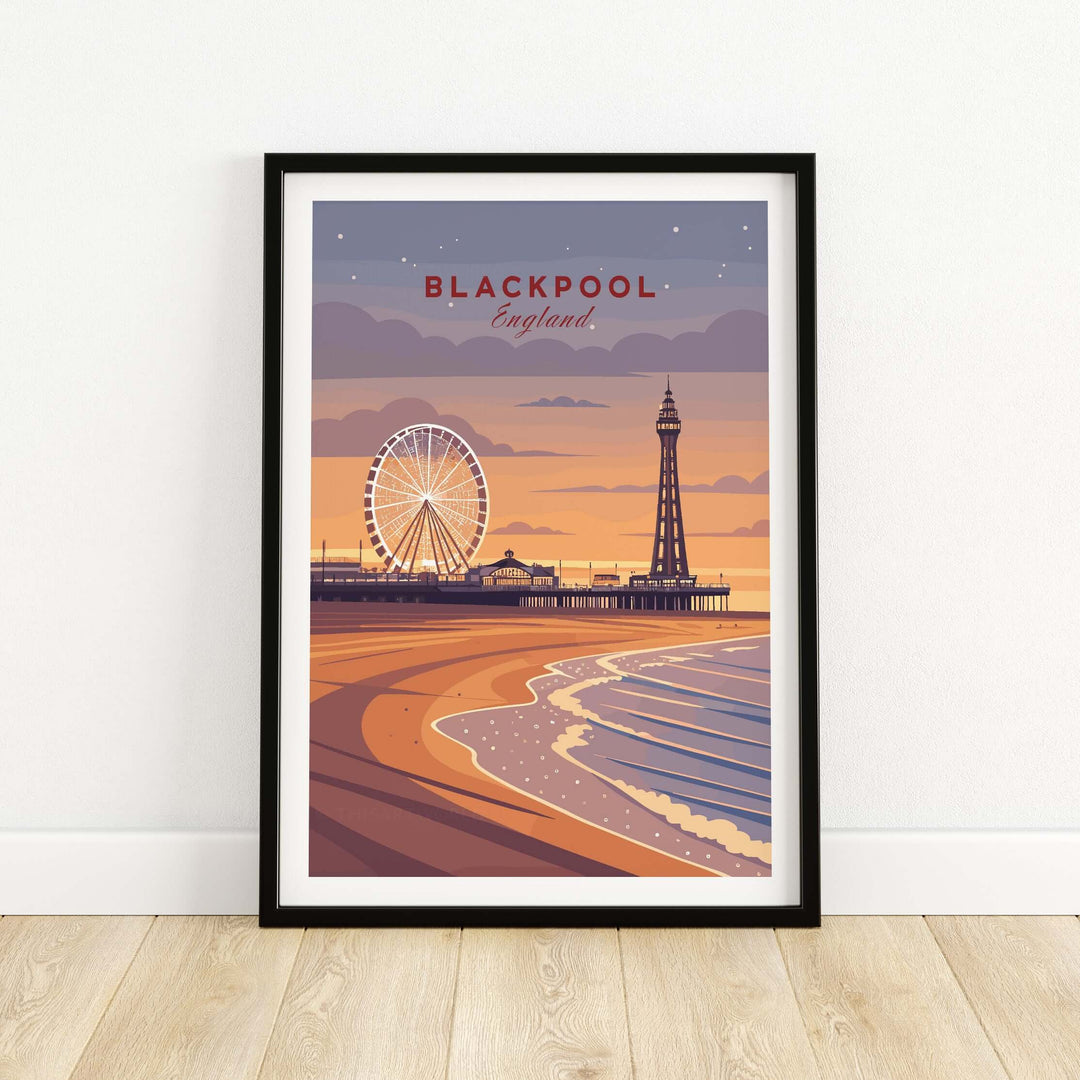 Blackpool Print | UK Coastal Wall Decor featuring Blackpool's famous pier and beach at sunset.