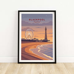 Blackpool Print | UK Coastal Wall Decor featuring iconic Blackpool Tower and beachfront scene.
