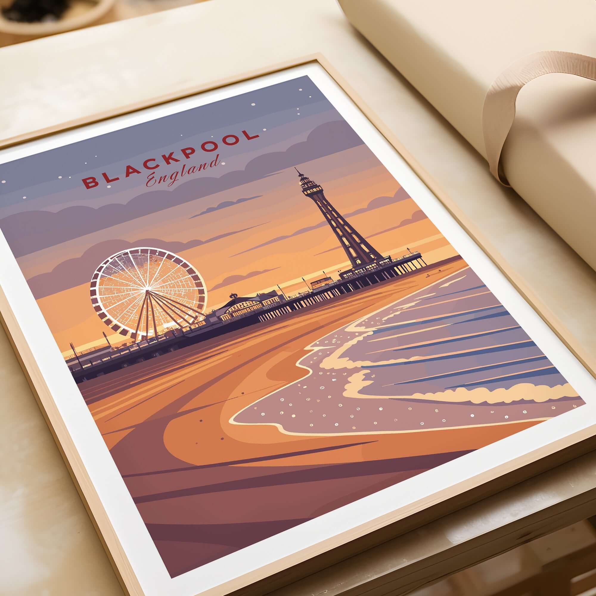 Blackpool Print | UK Coastal Wall Decor showcasing Blackpool's beach, pier and Ferris wheel at sunset.