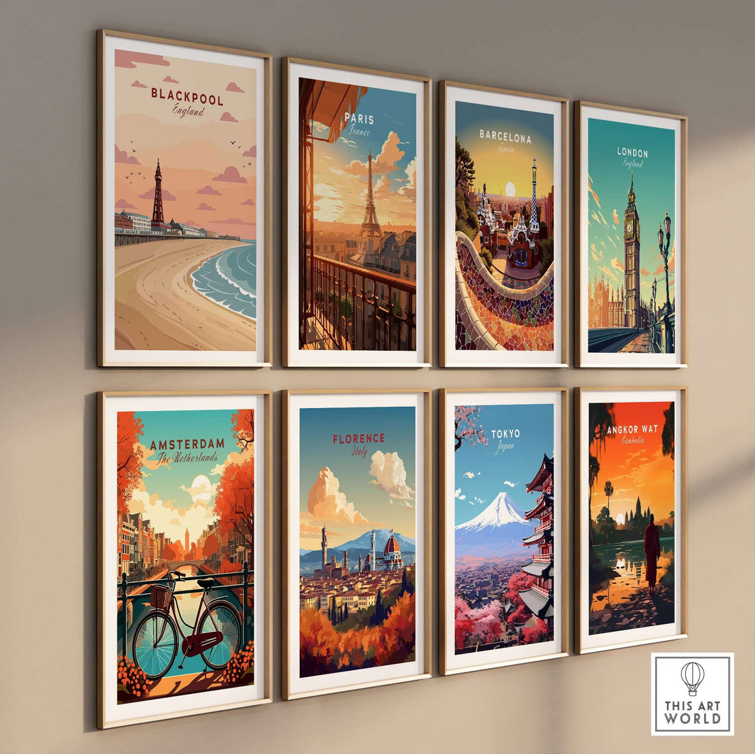 Blackpool Shoreline Promenade View Print | England Travel Wall Decor displayed among travel-themed wall art prints.