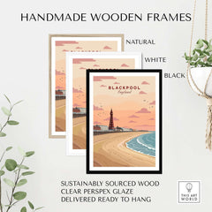 Handmade wooden frames in natural, white, and black finishes for the Blackpool Shoreline Promenade View Print | England Travel Wall Decor.