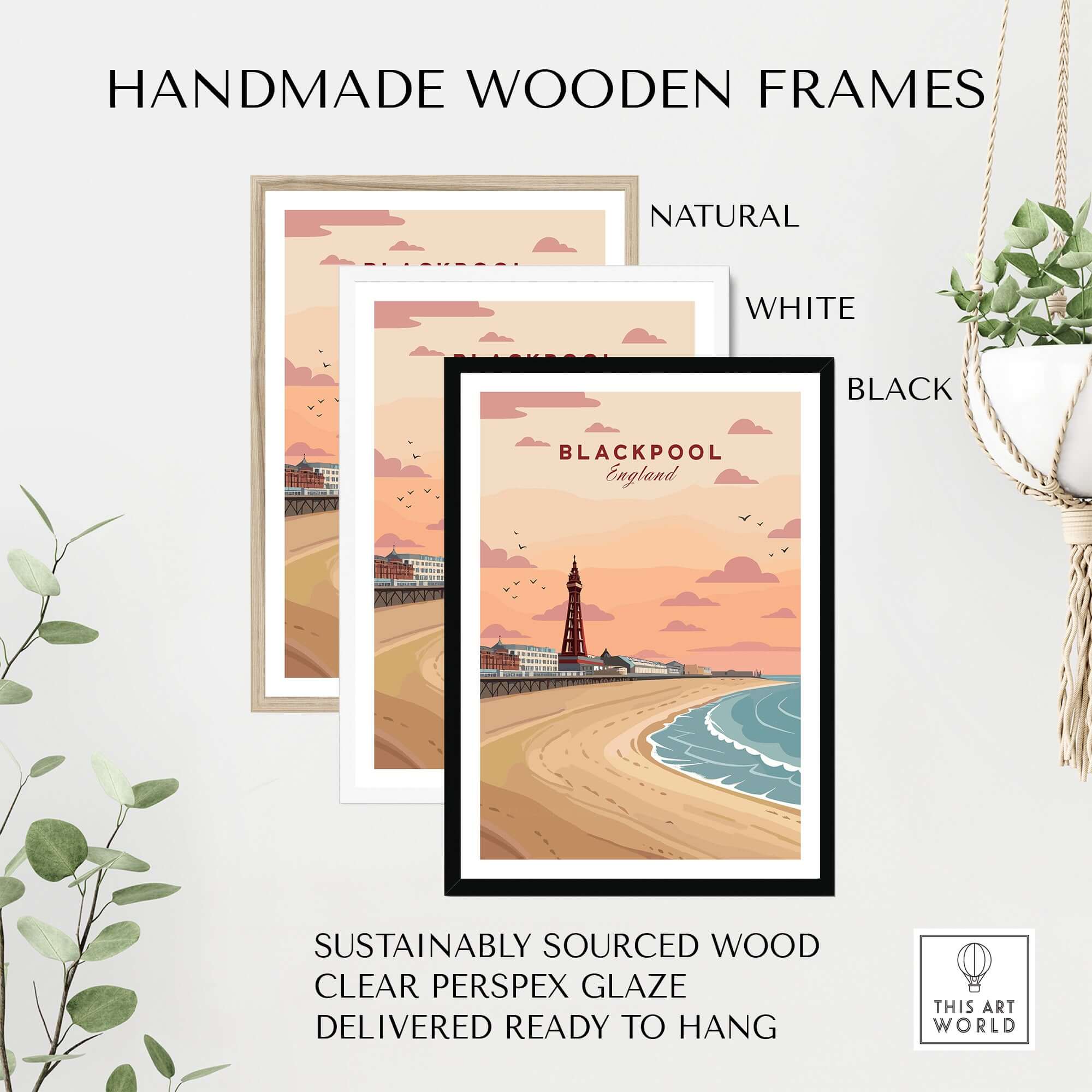 Handmade wooden frames in natural, white, and black finishes for the Blackpool Shoreline Promenade View Print | England Travel Wall Decor.