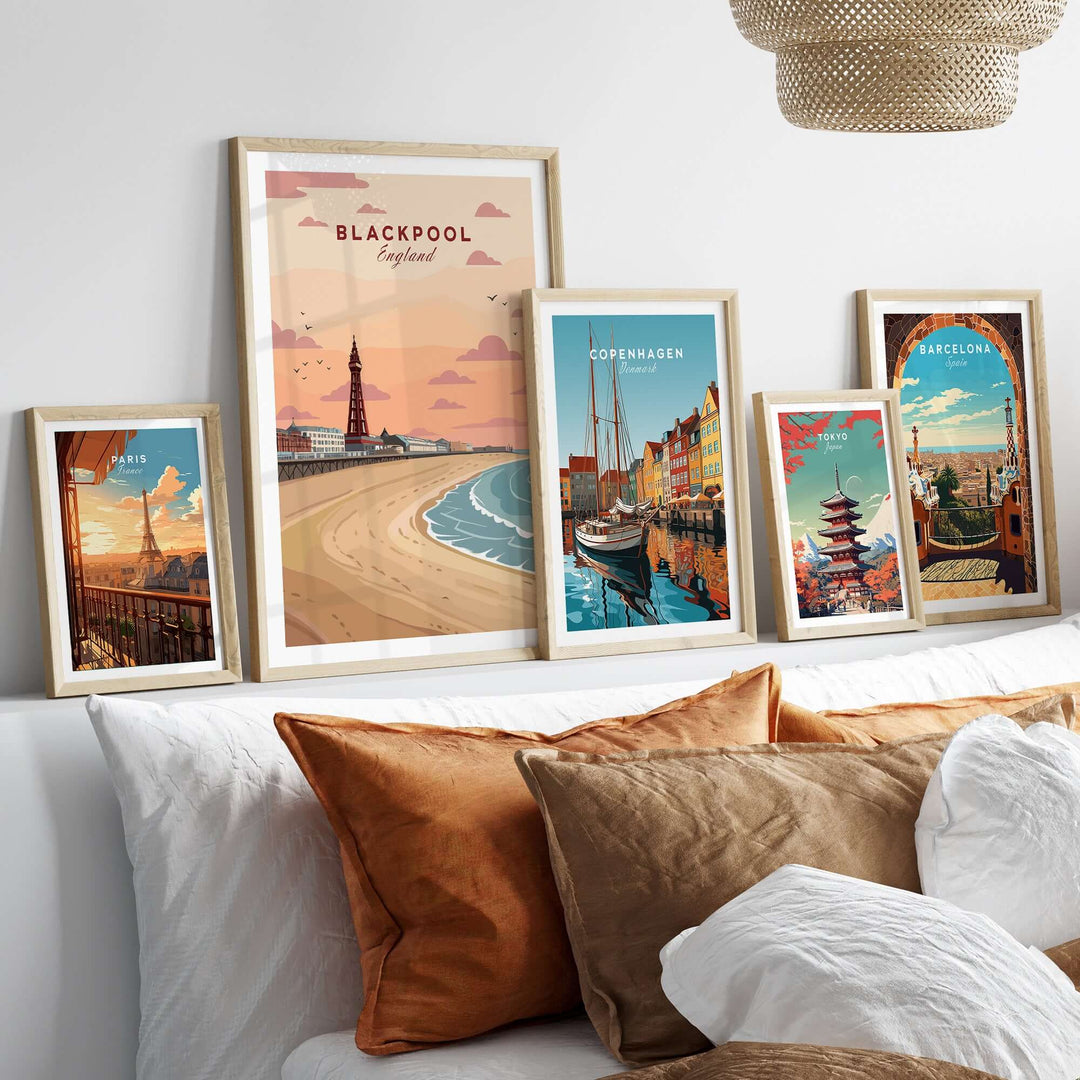 Blackpool Shoreline Promenade View Print | England Travel Wall Decor showcased in a cozy home setting with framed prints.