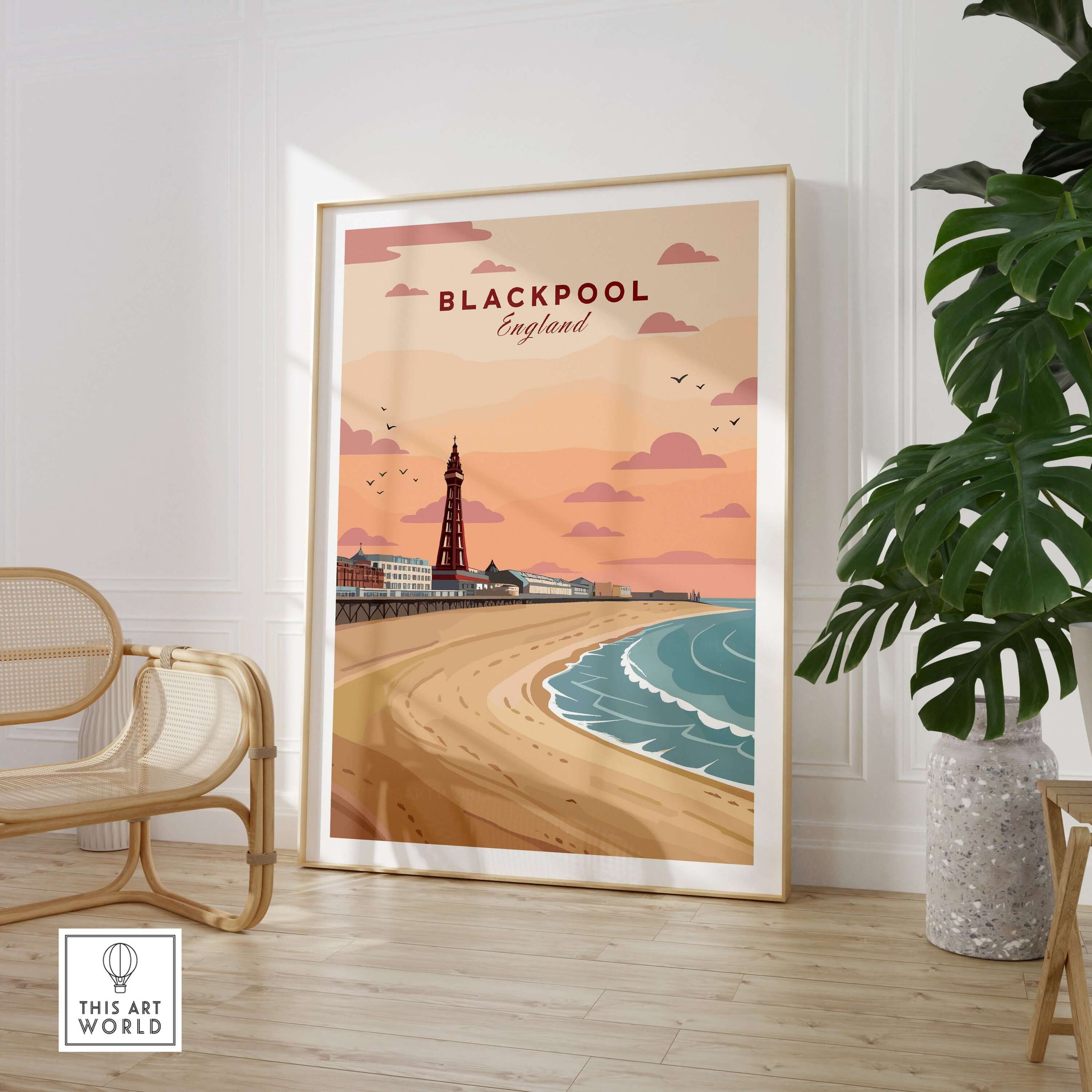 Blackpool Shoreline Promenade View Print | England Travel Wall Decor displayed in a stylish interior setting.