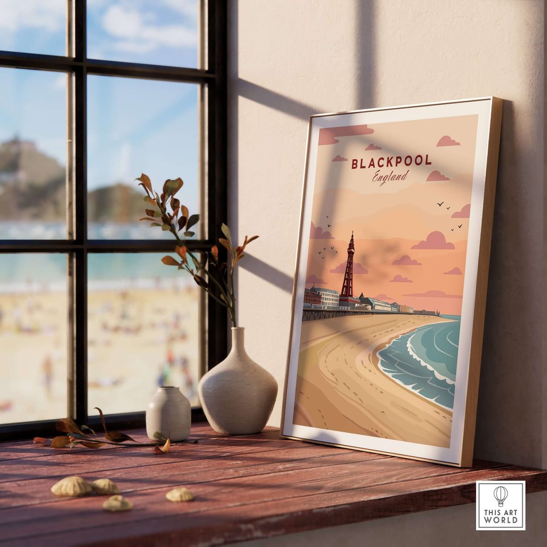 Blackpool Shoreline Promenade View Print | England Travel Wall Decor displayed on a table by the window.