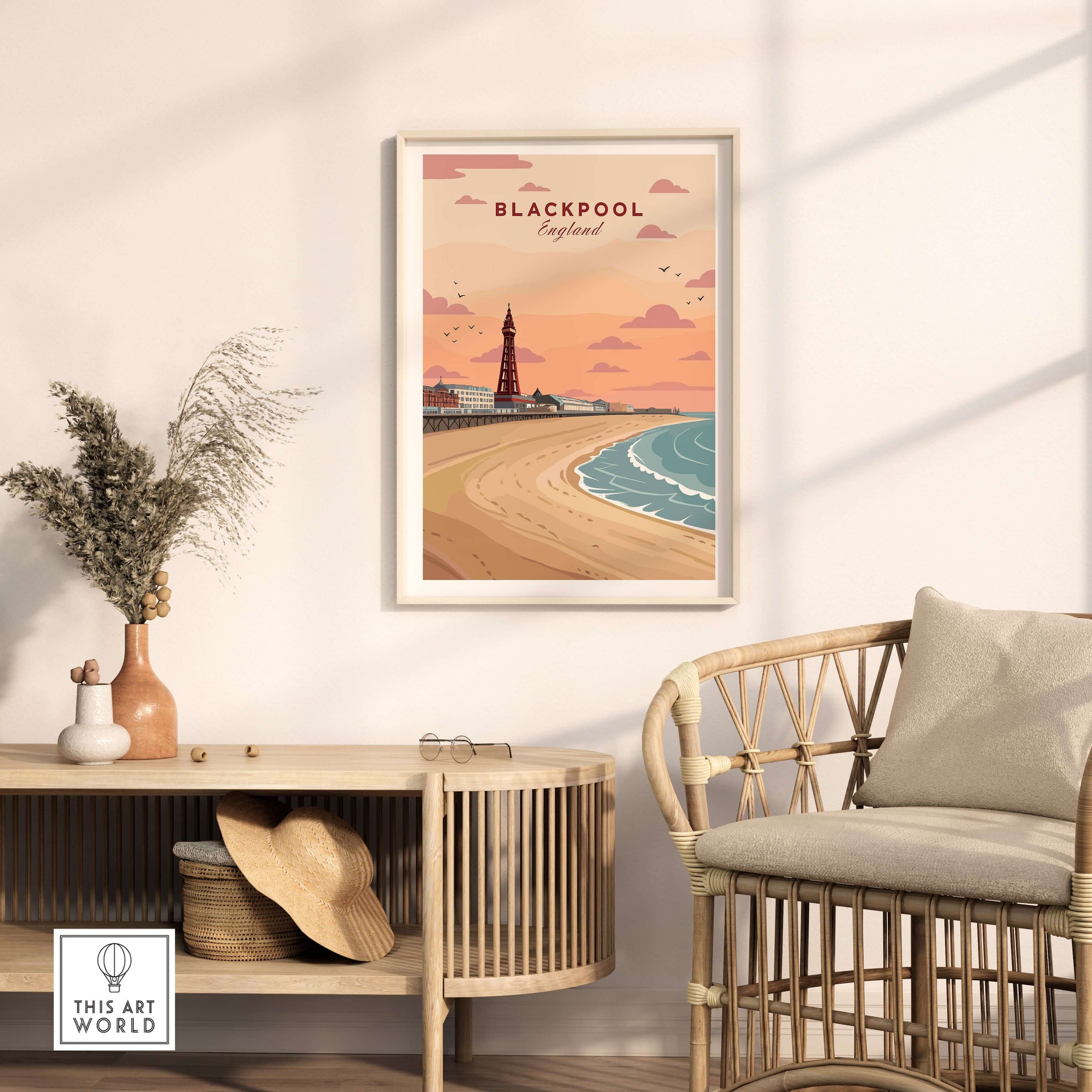 Blackpool Shoreline Promenade View Print | England Travel Wall Decor showcasing a vibrant seaside scene.