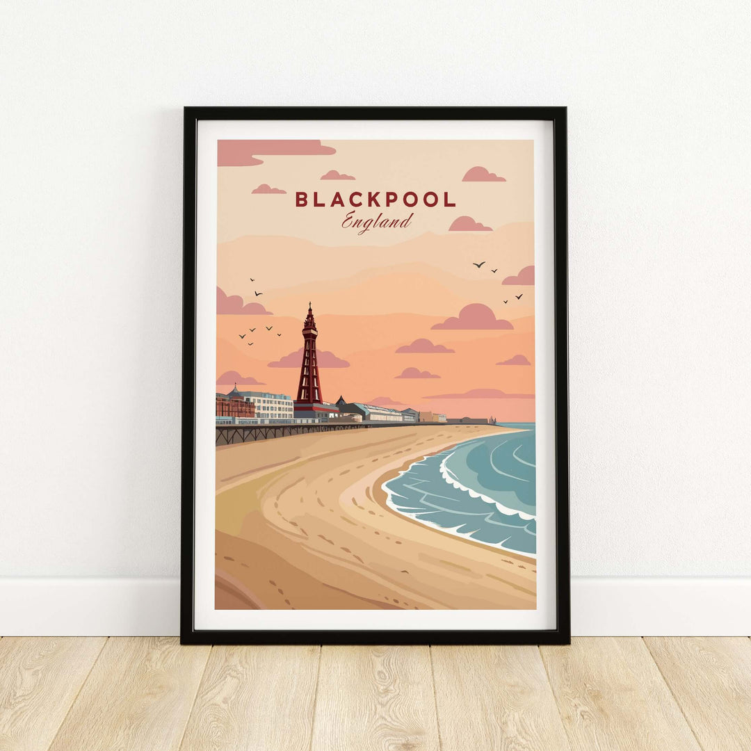 Blackpool Shoreline Promenade View Print | England Travel Wall Decor featuring the iconic Blackpool tower and coastline.