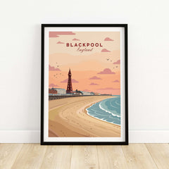 Blackpool Shoreline Promenade View Print | England Travel Wall Decor showcasing Blackpool's iconic beach and tower.