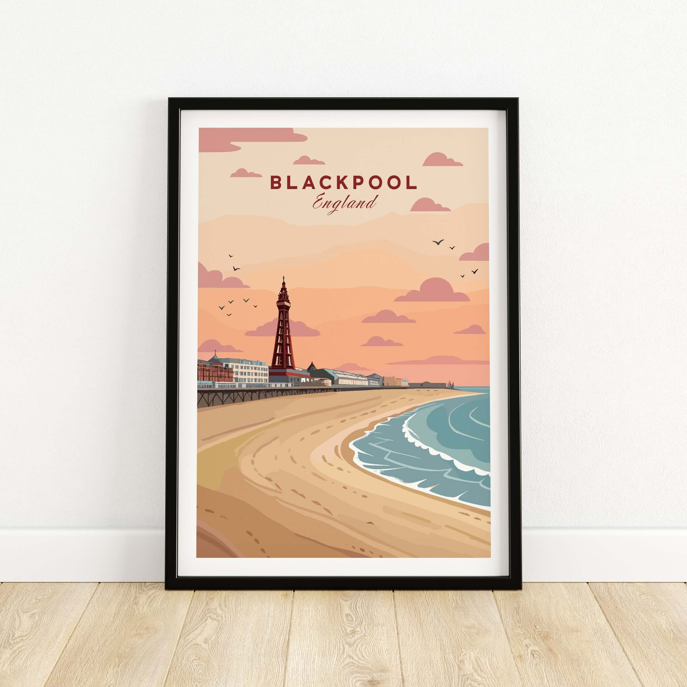 Blackpool Shoreline Promenade View Print | England Travel Wall Decor showcasing Blackpool's iconic beach and tower.