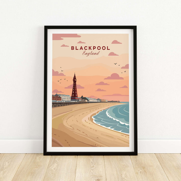 Blackpool Shoreline Promenade View Print | England Travel Wall Decor featuring the iconic Blackpool tower and coastline.