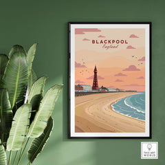 Blackpool Shoreline Promenade View Print | England Travel Wall Decor showcasing a vibrant seaside scene.