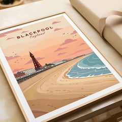 Blackpool Shoreline Promenade View Print | England Travel Wall Decor showcasing the beach, tower and colorful sky.