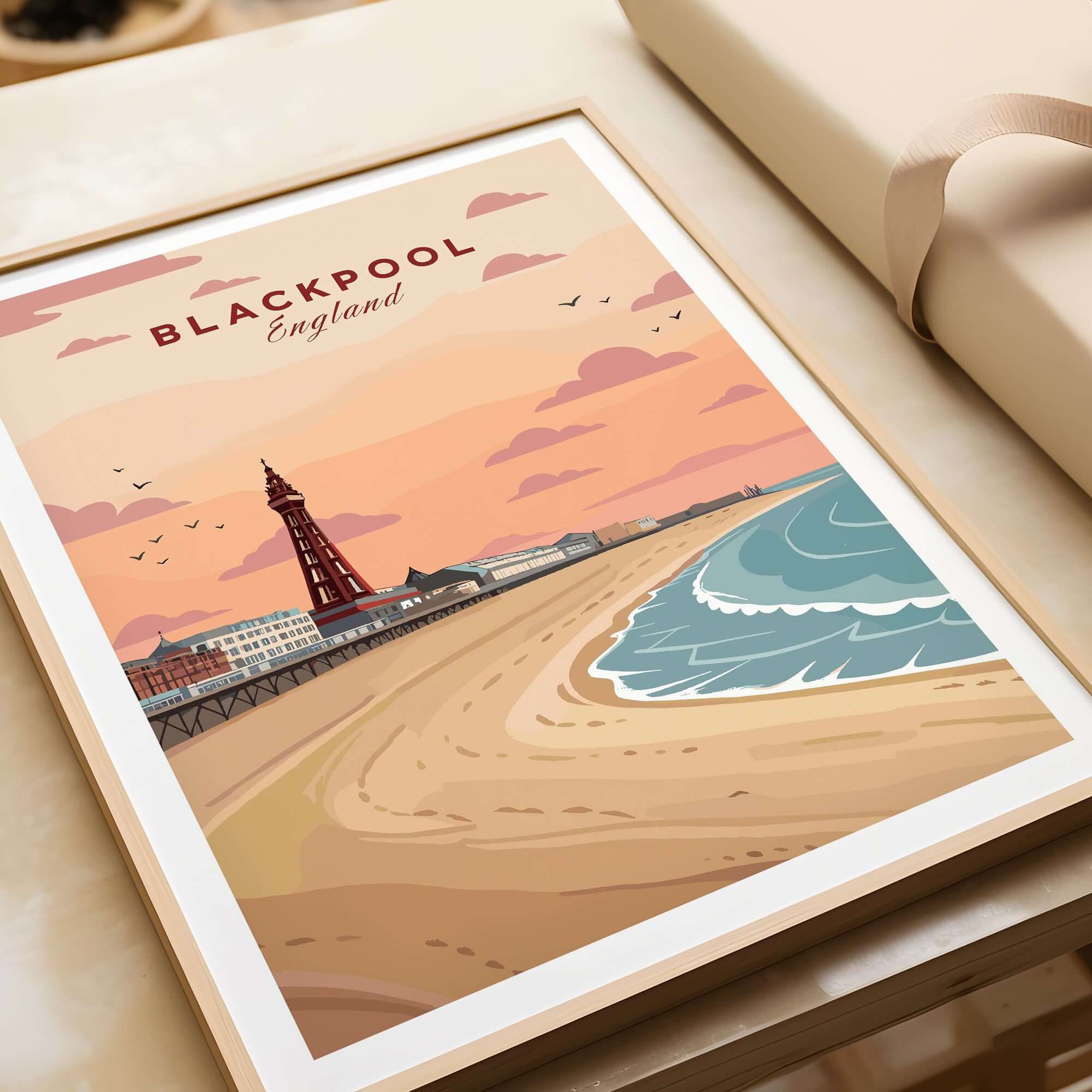 Blackpool Shoreline Promenade View Print | England Travel Wall Decor showcasing the beach, tower and colorful sky.