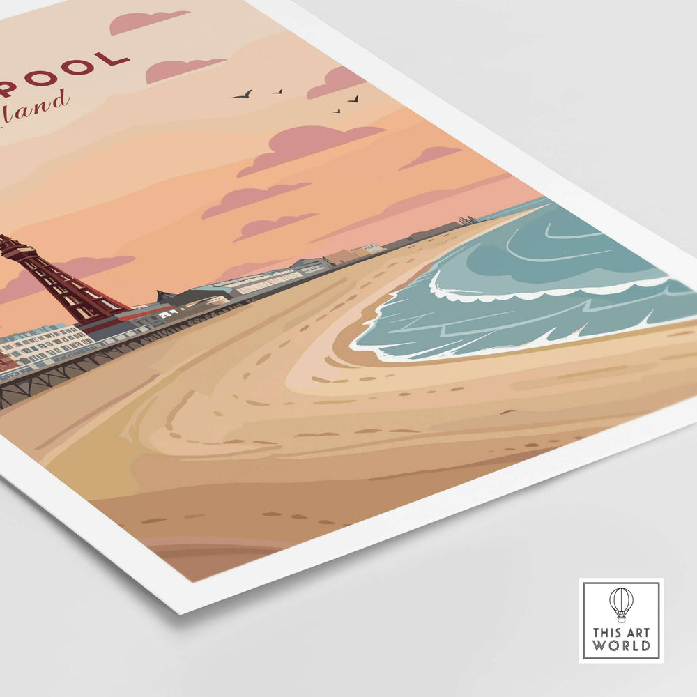 Blackpool Shoreline Promenade View Print | England Travel Wall Decor showcasing a vibrant seaside scene at sunset.