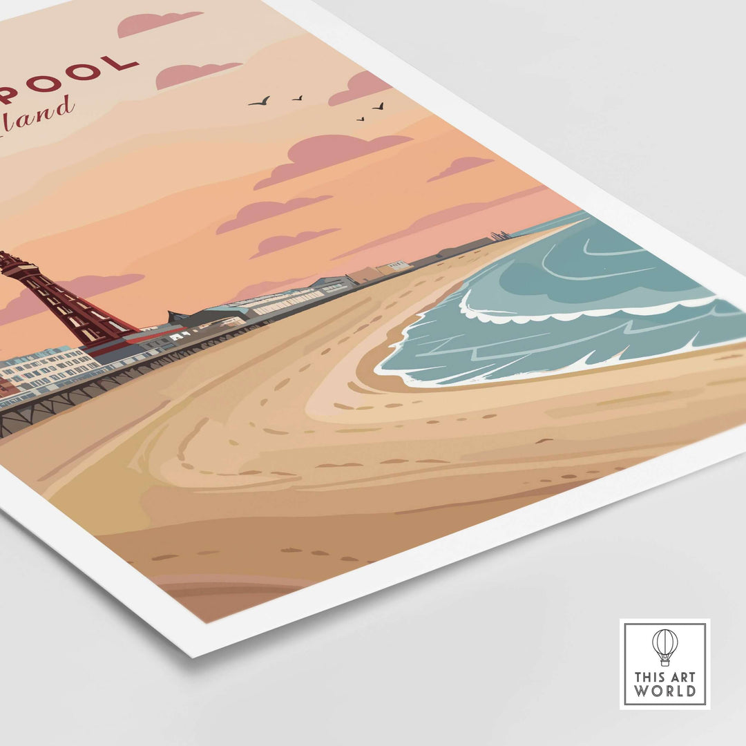 Blackpool Shoreline Promenade View Print | England Travel Wall Decor showcasing a vibrant seaside scene at sunset.