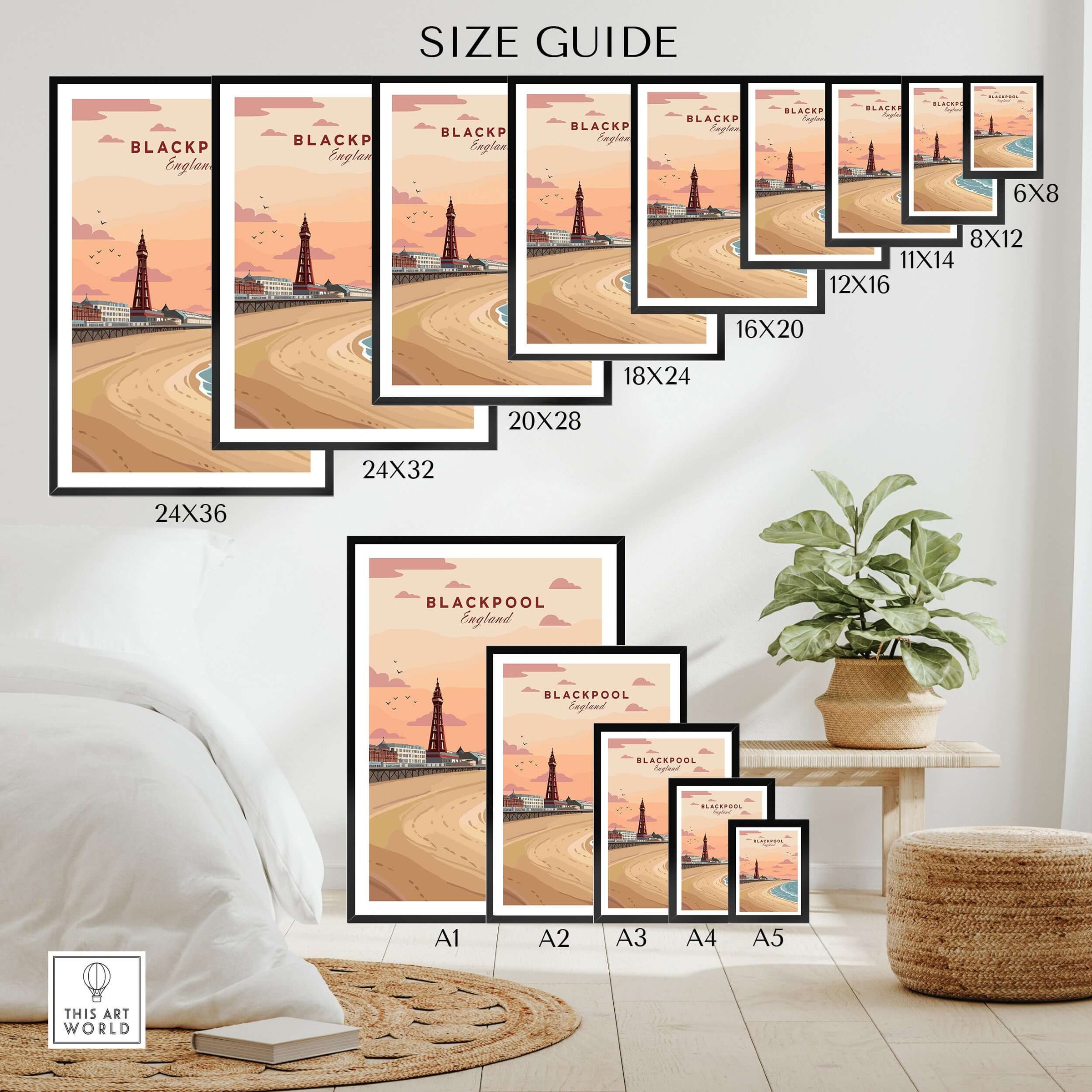 Blackpool Shoreline Promenade View Print | England Travel Wall Decor size guide with framed prints and dimensions.