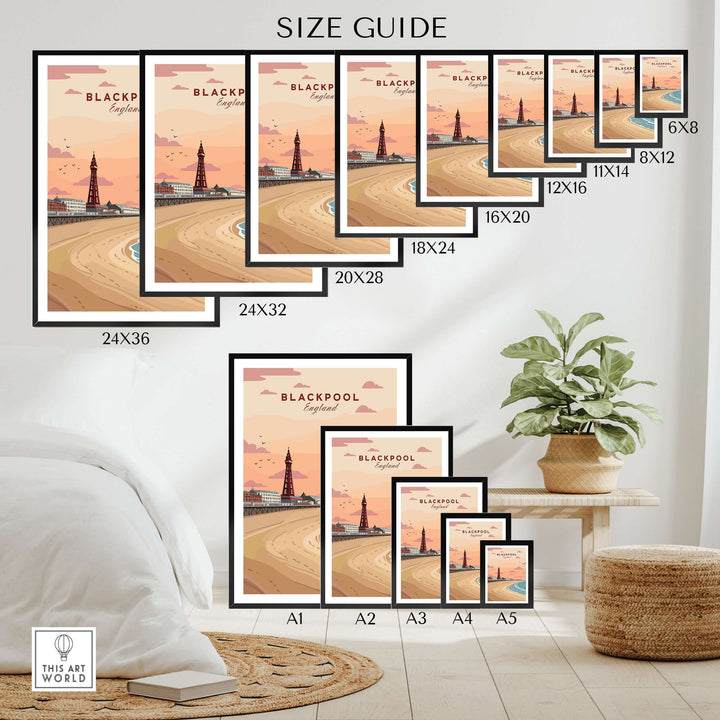 Blackpool Shoreline Promenade View Print | England Travel Wall Decor size guide with various frame dimensions displayed.