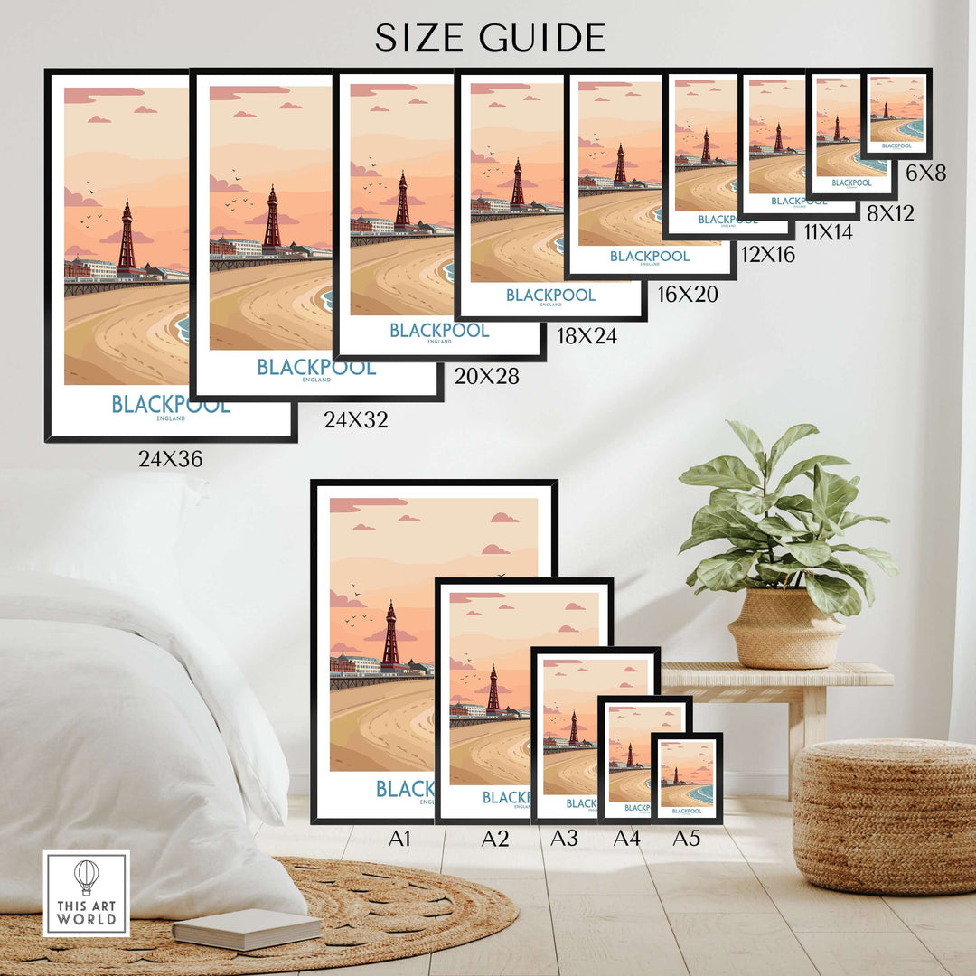 Blackpool Sunset Tower Beach Art Print | Pink Sky UK Coastal Poster size guide featuring various frame sizes.