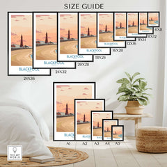 Blackpool Sunset Tower Beach Art Print | Pink Sky UK Coastal Poster size guide display in a living room setting.
