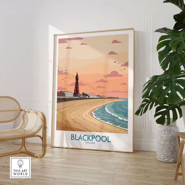 Blackpool Sunset Tower Beach Art Print | Pink Sky UK Coastal Poster displayed in a stylish interior setting.