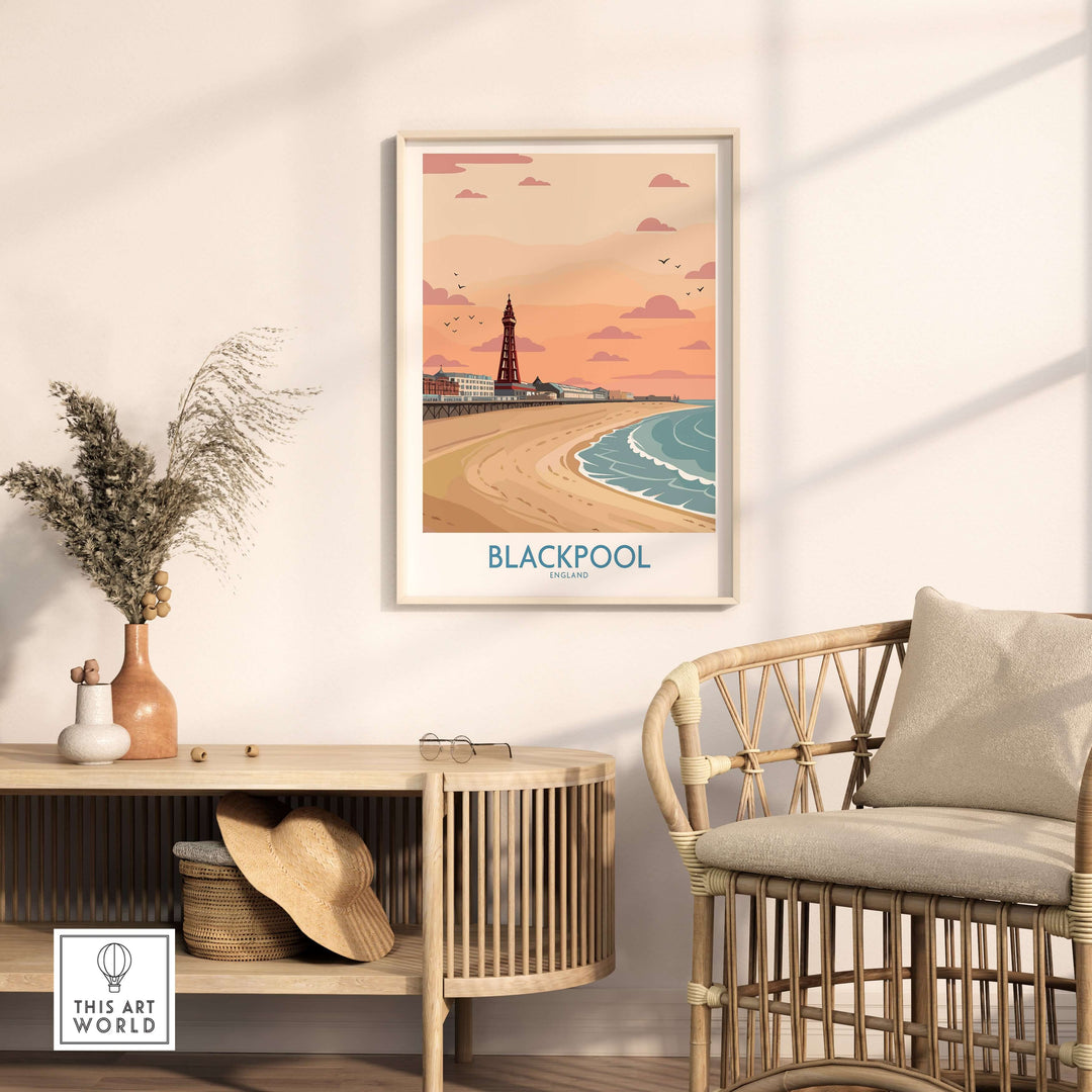 Blackpool Sunset Tower Beach Art Print | Pink Sky UK Coastal Poster displayed in a stylish interior with natural decor.