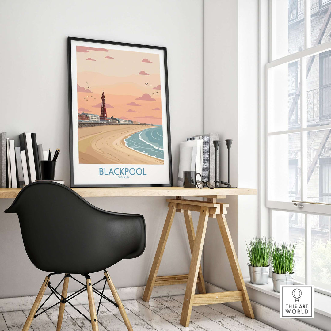 Blackpool Sunset Tower Beach Art Print | Pink Sky UK Coastal Poster displayed in a modern home office setting.
