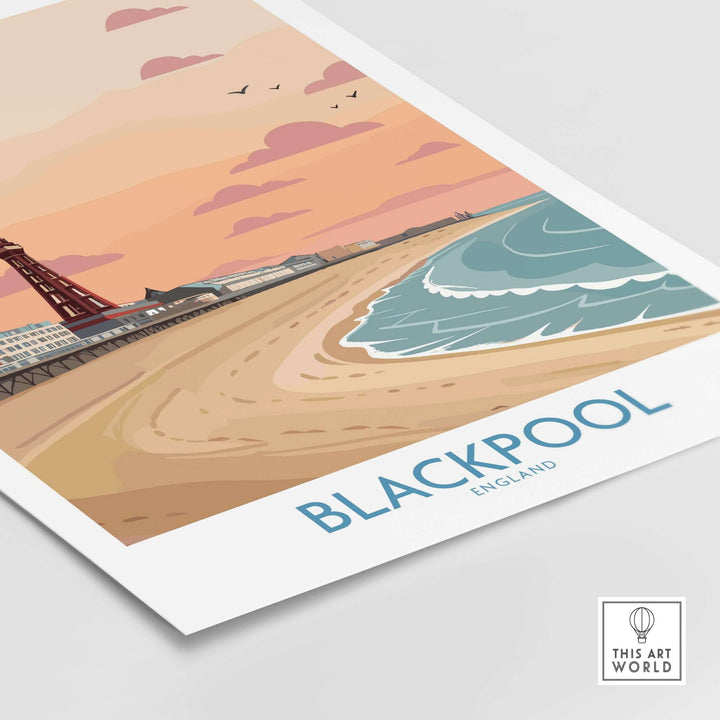 Blackpool Sunset Tower Beach Art Print | Pink Sky UK Coastal Poster featuring beach scenery and iconic tower.