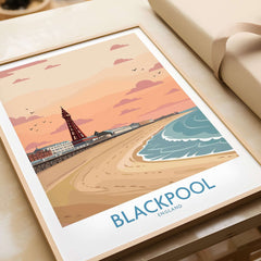 Blackpool Sunset Tower Beach Art Print | Pink Sky UK Coastal Poster decorating a cozy interior space.