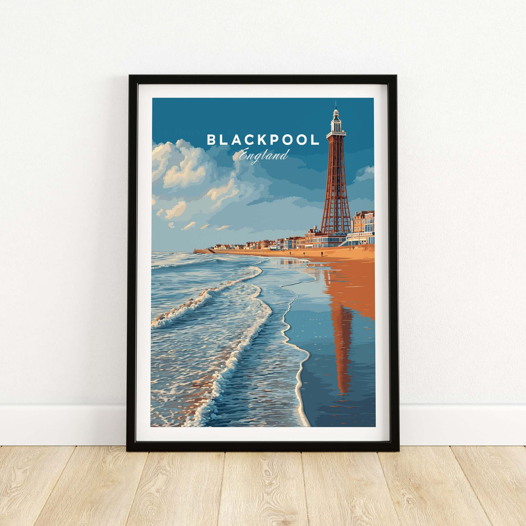 Blackpool Tower Print | Vintage Coastal Wall Decor showcasing the iconic Blackpool Tower and seaside scenery.
