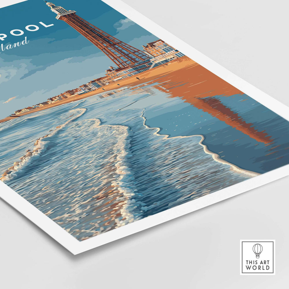 Blackpool Tower Print | Vintage Coastal Wall Decor featuring a vintage illustration of Blackpool Tower by the sea.